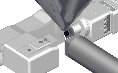 Render of a nanoindenter aligned with an electron beam and EBSD detector.